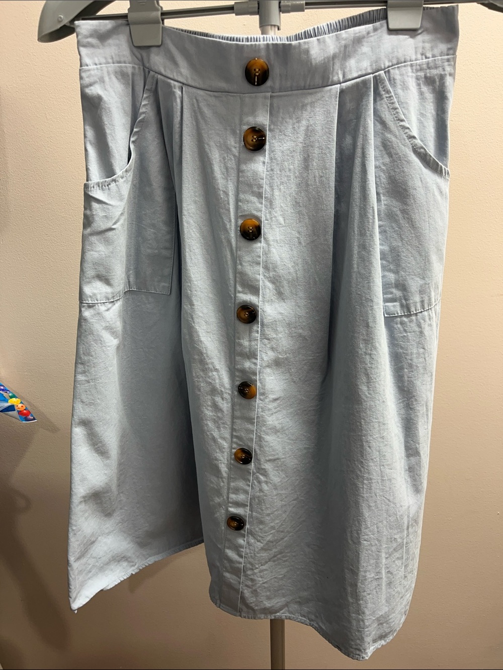 Cotton Button-Front Midi Skirt in Pale Blue